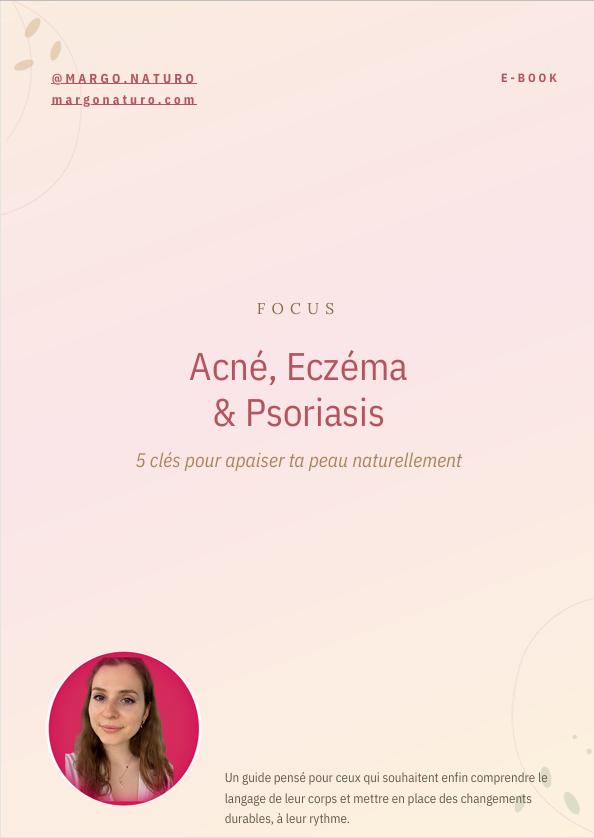 Couverture d'ebook sur l'acné, l'eczéma et le psoriasis avec photo de Margaux Bouillet